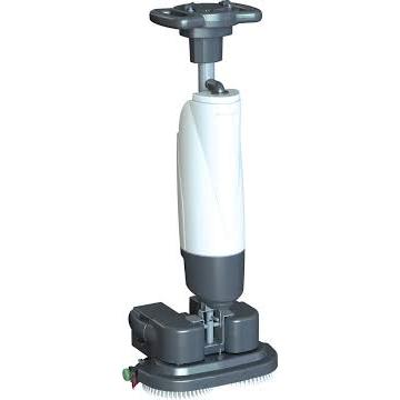 Die Blancus Scheuersaugmaschine 45 von Arcora International GmbH ist eine vertikale elektrische Scheuersaugmaschine mit einem weiß-grauen Gehäuse, einem abgerundeten Griff und einem rechteckigen Borstenfuß - ideal für die professionelle Oberflächenreinigung.