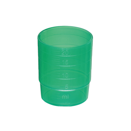 A melipul REUSABLE, stackable 25-ml medicine cup in various colors from Helmut Schwarz GmbH, made of dishwasher-safe polypropylene, with measurement markings in milliliters (ml) on the side. The markings indicate fill levels of 5 ml, 10 ml, 15 ml, and 20 ml. The stackable medicine cup is empty and shown against a white background.