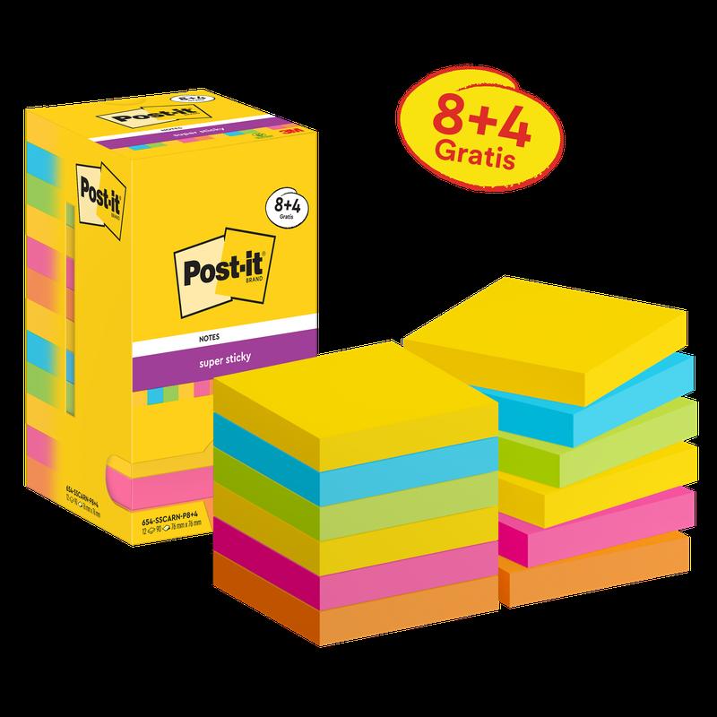Post-it® Super Sticky Notes, Carnival Collection, 76mm x 76mm, Promotion, 90 Sheets/Pad, 8 Pads + 4 Free/Pack, Cardboard Packaging, 100% PEFC, SGSCH-PEFC-COC-110078 | Pack (12 pieces)