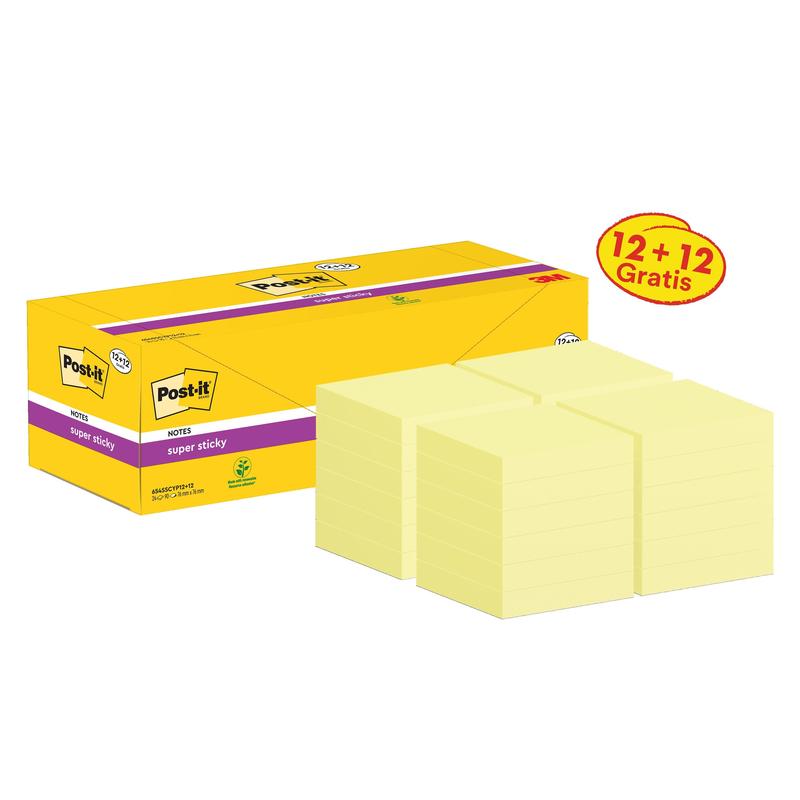 Post-it® Super Sticky Notes, Yellow, 76mm x 76mm, Promotion, 90 Sheets/Pad, 12 Pads + 12 Free/Pack, Cardboard Packaging, 100% PEFC, SGSCH-PEFC-COC-110078 | Pack (24 pieces)