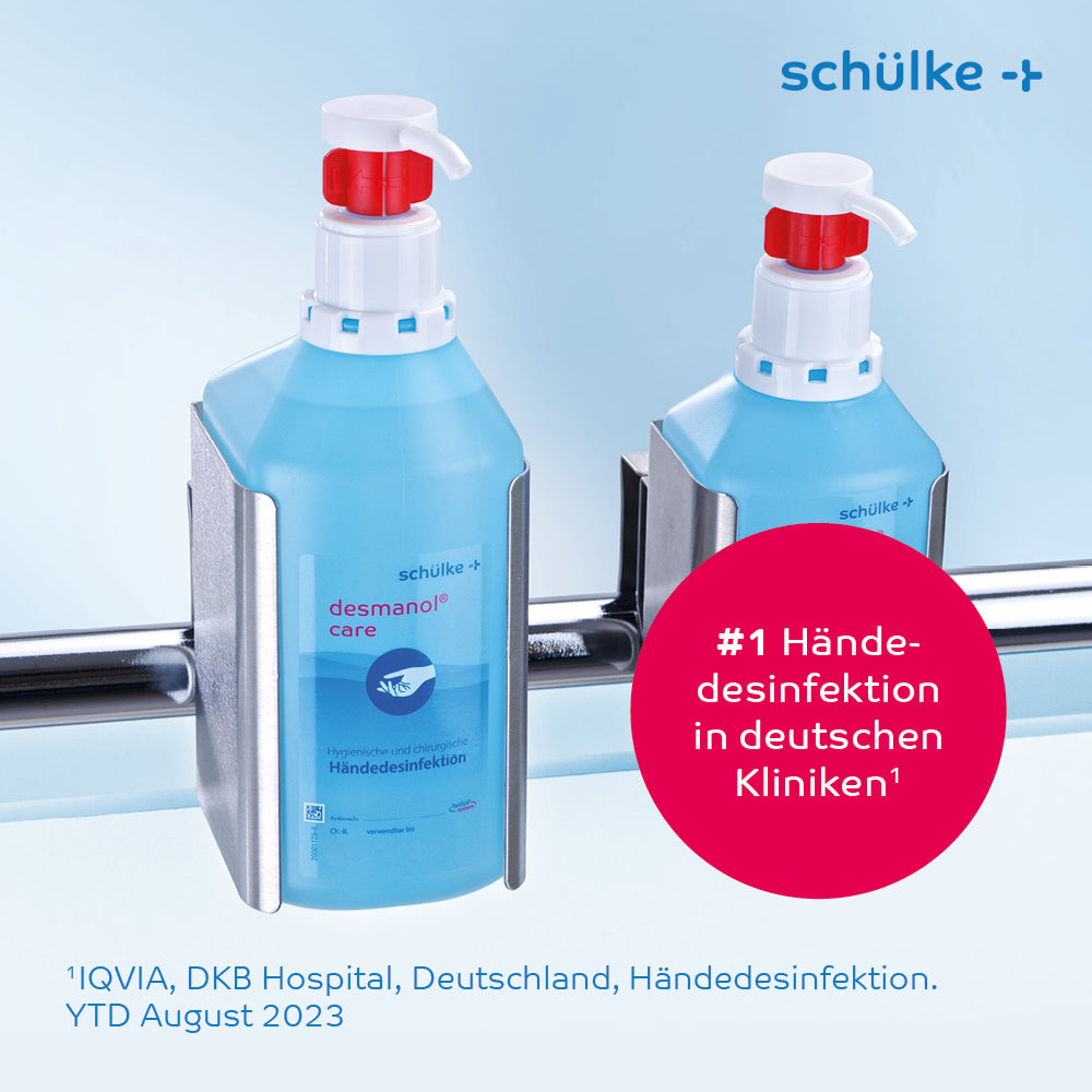 Two bottles of Schülke desmanol® care hand disinfectant from Schülke & Mayr GmbH are mounted in metal holders on a wall. A red circle contains the text “#1 hand disinfection in German clinics¹”. The lower text provides the data context: “IQVIA, DKB Hospital, Germany, hand disinfection. YTD August 2023”.