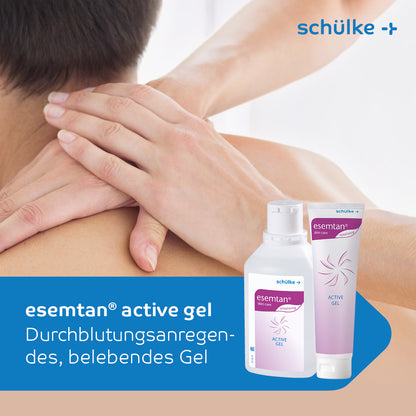 A person who places their hands on their back may find relief from muscle discomfort through the soothing application of Schülke esemtan® active gel – 500 ml bottle (500 ml) by Schülke & Mayr GmbH or another circulation-stimulating gel.