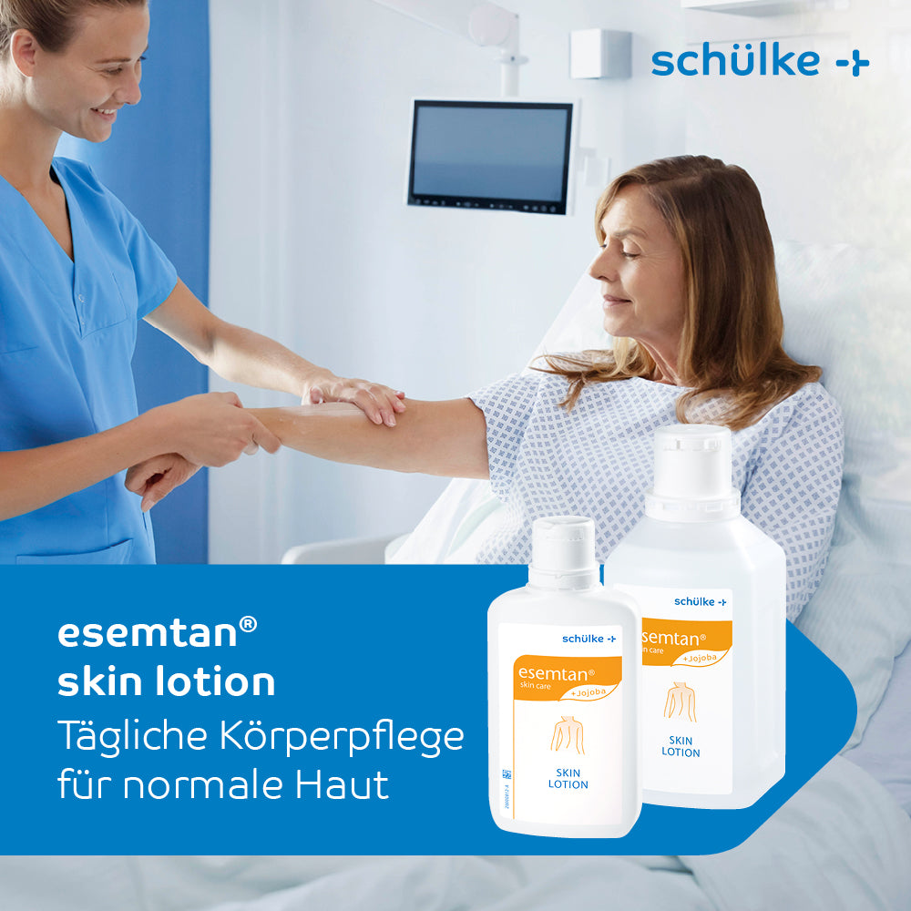 A medical professional in a blue uniform applies Schülke esemtan® skin lotion from Schülke & Mayr GmbH to the arm of a patient lying in a hospital bed. In the foreground, the product bottles are visible. The text reads "Schülke esemtan® skin lotion" and "Daily body care for normal skin".