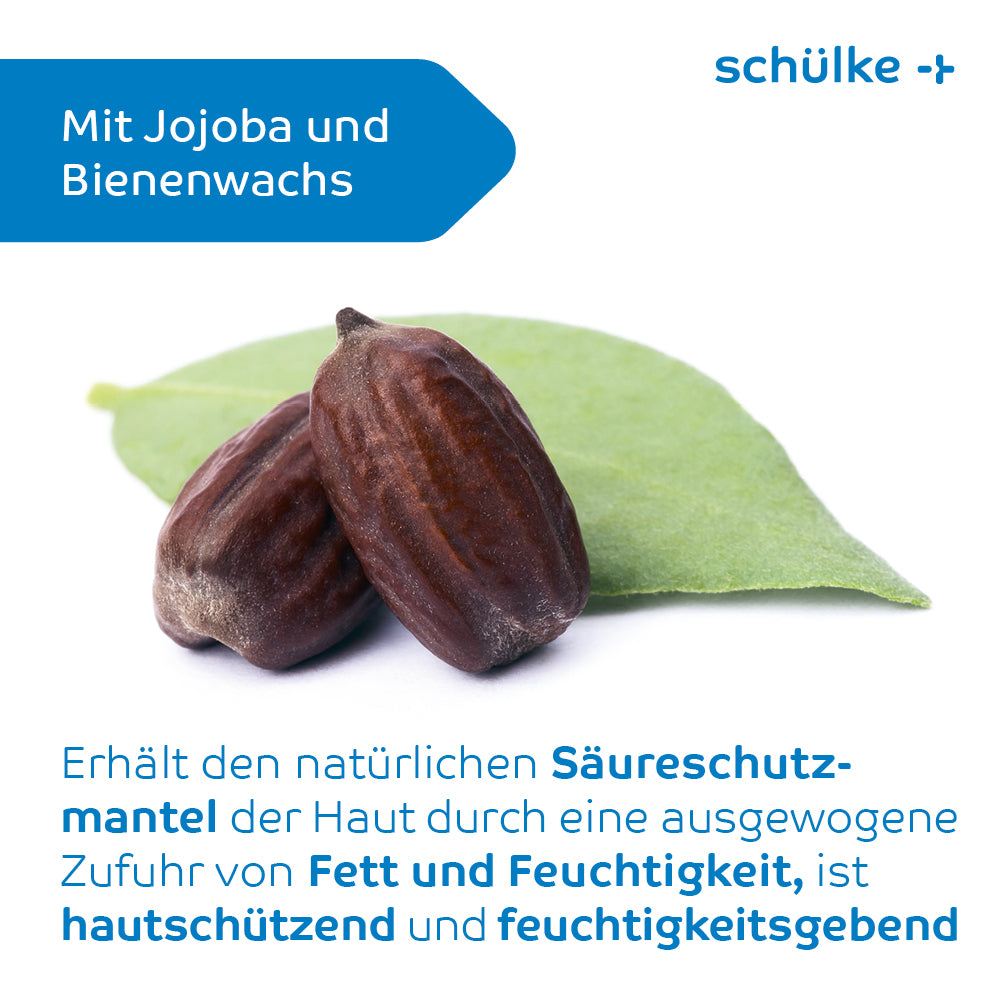 Depicted is a close-up of two brown seeds resting on a green leaf. In the background, a blue shape with the text "With Jojoba and Beeswax" is visible. Below, a German text explains the skin-protecting and moisturizing benefits of these ingredients in Schülke esemtan® skin lotion from Schülke & Mayr GmbH.