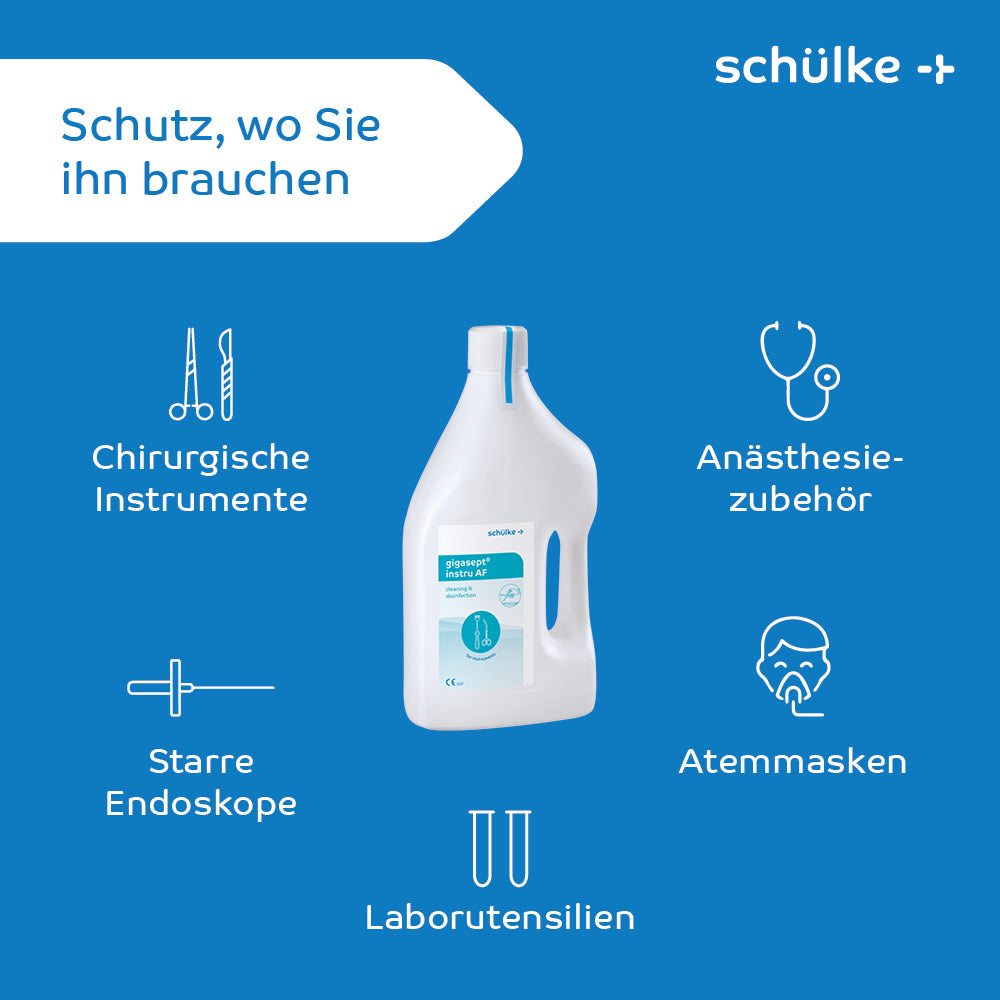 Ein Bild einer weißen Flasche Schülke gigasept® instru AF Instrumentendesinfektion (aldehydfrei) mit dem Markennamen „Schülke & Mayr GmbH“ auf blauem Hintergrund. Um die Flasche herum sind Symbole für chirurgische Instrumente, Anästhesiezubehör, Atemmasken, starre Endoskope und Laborutensilien. Der Text lautet „Schutz, wo Sie ihn brauchen.“ Endoskopreinigung leicht gemacht.