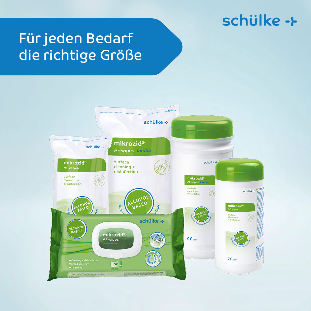 Ausgestellt wird eine Kollektion an Oberflächenreinigungs- und Desinfektionsprodukten der Schülke & Mayr GmbH. Die medizinischen Produkte umfassen Schülke mikrozid® AF wipes, Desinfektionstücher und Sprays in unterschiedlichen Größen und Ausführungen, alle hervorgehoben mit grünen Etiketten. Der Text lautet: „Für jeden Bedarf die richtige Größe.“