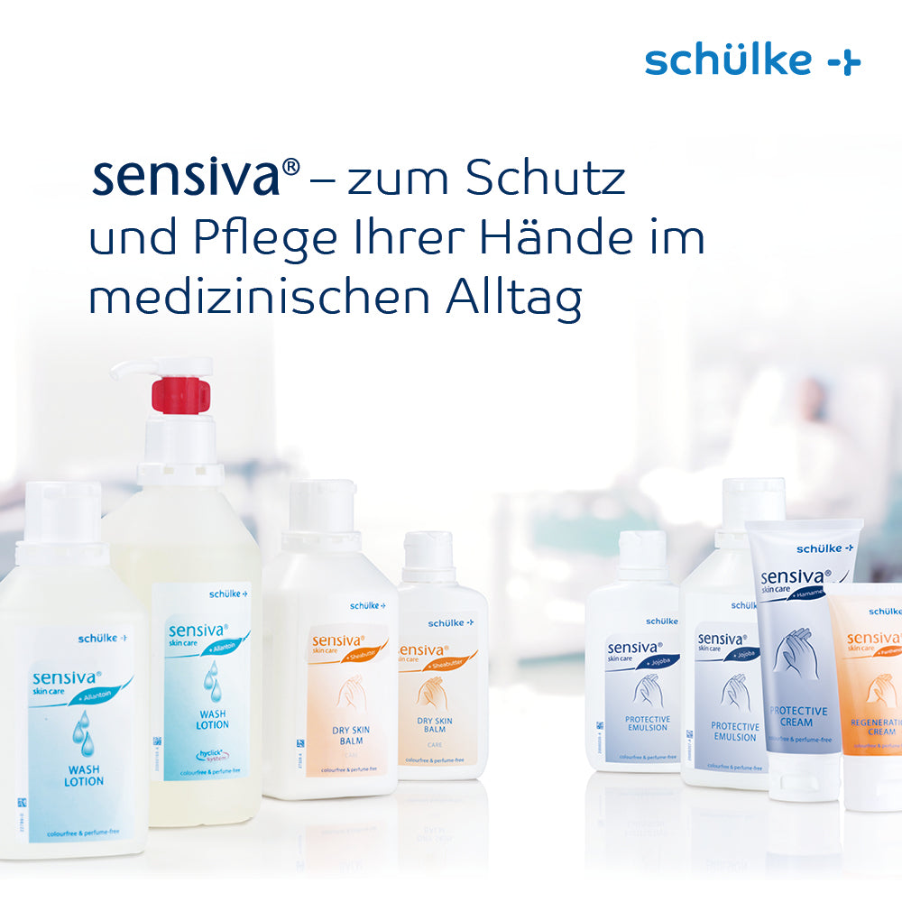 Against a white background, a selection of medical hand care products from the brand Schülke & Mayr GmbH is shown. The products include wash lotion, skin balm, and protective cream, all dye and fragrance-free. The German text points out the intensive care and protection of dry skin in the medical field. One of the featured products is the Schülke sensiva® dry skin balm.