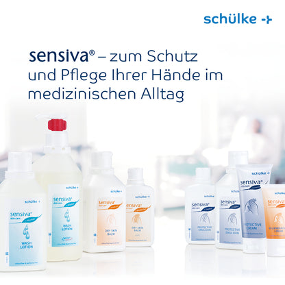 Against a white background, a selection of medical hand care products from the brand Schülke & Mayr GmbH is shown. The products include wash lotion, skin balm, and protective cream, all dye and fragrance-free. The German text points out the intensive care and protection of dry skin in the medical field. One of the featured products is the Schülke sensiva® dry skin balm.