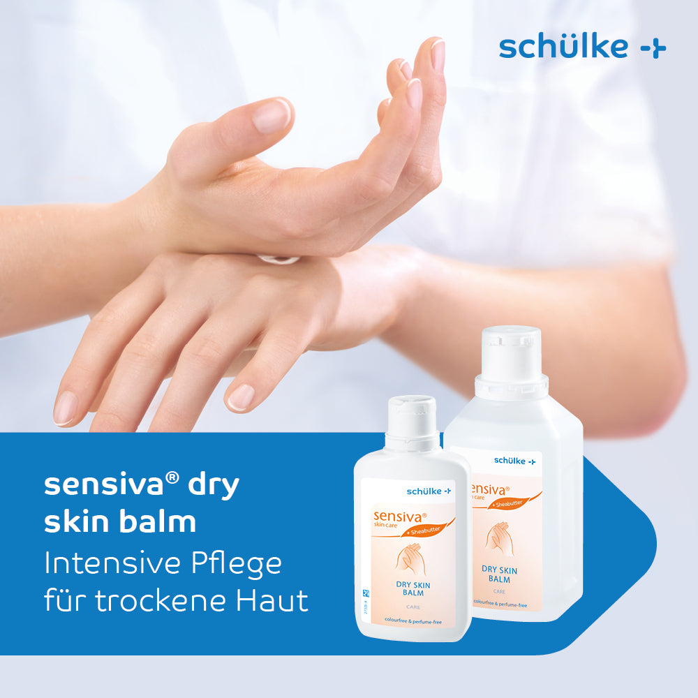 A person applies Schülke sensiva® dry skin balm to their hands. The text on the image reads "schülke sensiva® dry skin balm, Intensive care for dry skin." In the foreground, two bottles of the product are visible. With its fragrance-free skincare formula, sensiva provides intensive moisture for dry skin. In the upper right corner, the brand name "Schülke & Mayr GmbH" appears.