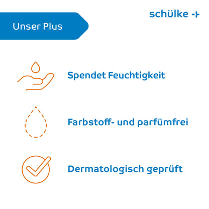 The image shows a German skincare product label from "Schülke & Mayr GmbH." It highlights three benefits: "Moisturizes" with a hand symbol holding a drop, "Dye and fragrance-free" with a dotted drop outline, and "Dermatologically tested" with a checkmark symbol. Ideal for intensive care is the Schülke sensiva® dry skin balm.