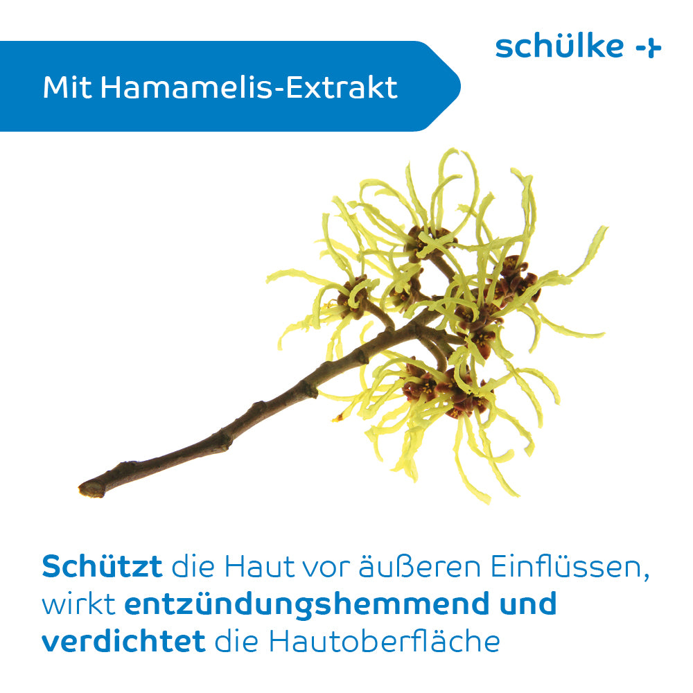 Eine Anzeige für Schülke sensiva® Schutzcreme Hautschutz - 100 ml Tube (100 ml) mit einem Zweig mit Hamamelisblüten (Hamamelis). Der Text lautet: „Mit Hamamelis-Extrakt. Schützt die Haut vor äußeren Einflüssen, wirkt entzündungshemmend und verdichtet die Hautoberfläche.“ Parfümfrei für empfindliche Haut. Zudem ist die Marke „Schülke & Mayr GmbH“ sichtbar.