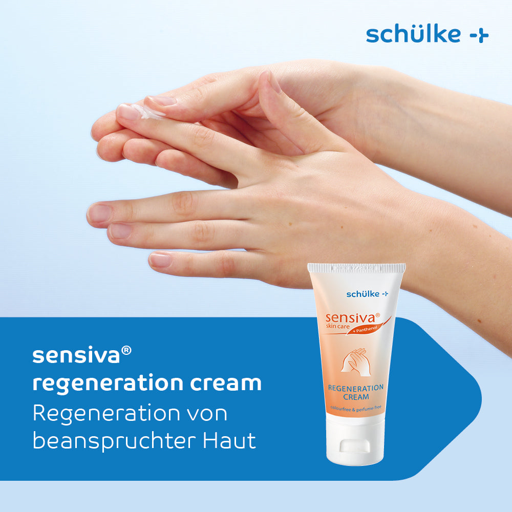 A person applies cream from a tube labeled "Schülke Sensiva® Regeneration Cream - 50 ml" by Schülke & Mayr GmbH, known for its dermatologically tested formula. The German text "Regeneration of stressed skin" is set against a blue background.
