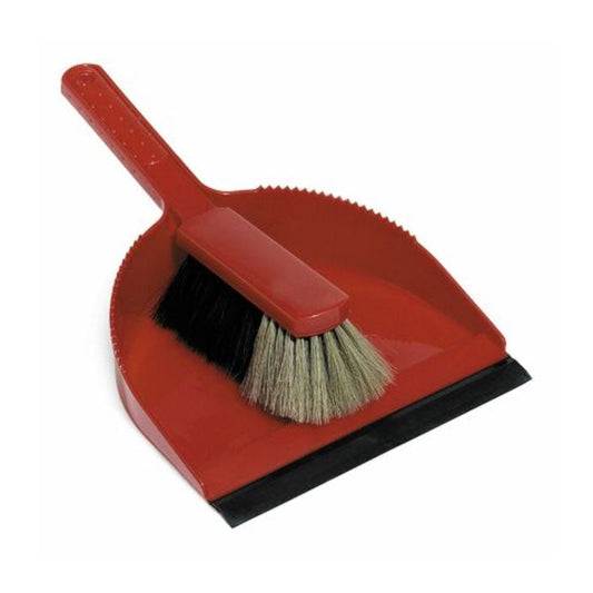 Die Nölle Profi Brush Kehrgarnitur von Nölle Profi Brush Bürsten- & Pinseltechnik e.K. besteht aus einer roten Kehrschaufel mit schwarzer Gummikante und einem kleinen Handfeger. Der Besen hat einen roten Griff und eine gemischte Synthetikborste, die schwarze und beige Borsten für effizientes Reinigen kombiniert.