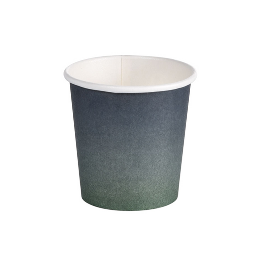 Der Duni Urban Kaffeebecher PAP/PLA von Duni GmbH ist ein kleiner Einwegbecher mit einem Farbverlauf von Dunkelblau oben nach Dunkelgrün unten. Er hat eine glatte, zylindrische Form und eine weiße Innenseite.