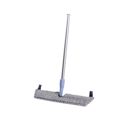 The Vileda GmbH Professional Swep Duo r-MicroPlus Mop is 50 cm long and is sold individually. It features a long handle with a rectangular grey cleaning pad. The silver mop stands upright against a white background and has a textured surface, making it ideal for efficient sweeping or scrubbing of floors.