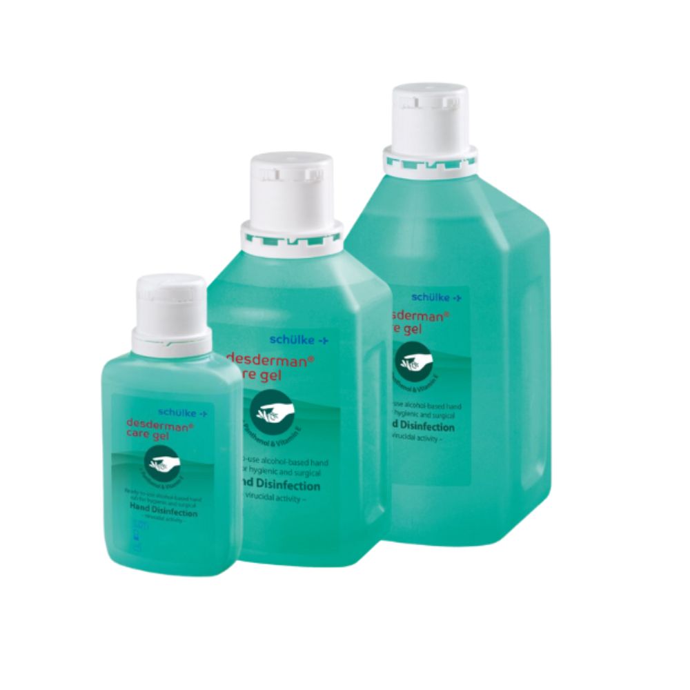 Pictured are three bottles of Schülke desderman® care gel, a VAH-certified hand disinfectant from Schülke & Mayr GmbH. They are available in green, translucent plastic bottles with white caps and are each labeled with the inscription "Hygienic and surgical hand disinfection."