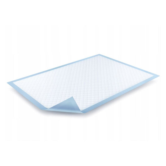 Die BeeSana® ComCell Unterlage der Meditrade GmbH ist eine rechteckige Einwegunterlage im Format 60 x 90 cm mit weißer Steppoberseite und markantem blauen Rand. Eine Ecke lässt sich anheben und gibt den Blick auf die hellblaue Unterseite frei, die ihre Eigenschaft als superabsorbierende hygienische Unterlage unterstreicht. Packung mit 25 Stück.