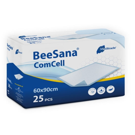 Das Bild zeigt eine rechteckige Verpackung der BeeSana® ComCell Unterlage der Meditrade GmbH. Die weiß-blaue Box misst 60x90 cm, enthält 25 Stück und ist aus saugstarkem Zellulosepapier gefertigt.