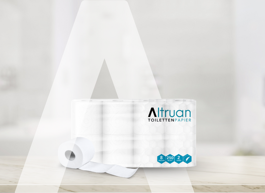 Altruan Toilettenpapier was auf einer Anrichte steht und eine lose Rolle die davor liegt