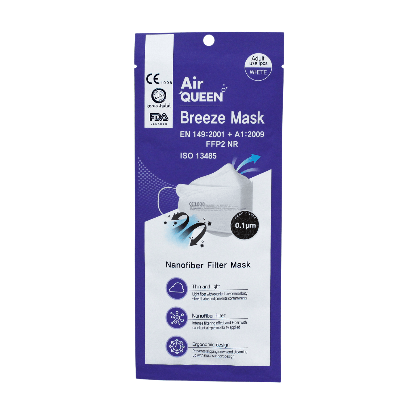 The image shows the packaging of a particle-filtering mouth-nose protection CE2163 from Air Queen and highlights the nano-fiber filter technology, which ensures a lightweight, breathable design and ergonomic fit. The labels confirm compliance with the standards EN 149:2001 + A1:2009, CE certification, and FDA registration.