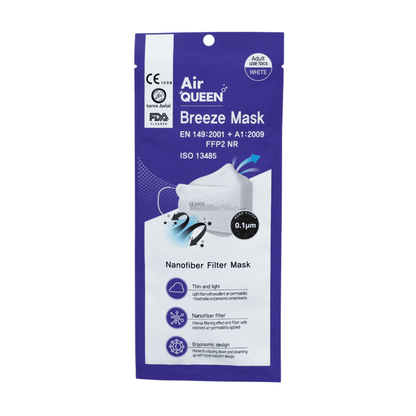 The image shows the packaging of a particle-filtering mouth-nose protection CE2163 from Air Queen and highlights the nano-fiber filter technology, which ensures a lightweight, breathable design and ergonomic fit. The labels confirm compliance with the standards EN 149:2001 + A1:2009, CE certification, and FDA registration.