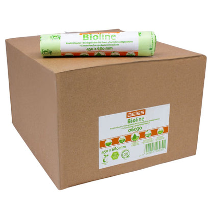 Ein großer brauner Karton mit der Aufschrift „EMIL DEISS KG (GmbH + Co.)“ und einer Rolle DEISS Biomüllbeutel 30 Liter, 06030 darauf. Die Rolle hat die Maße 450 x 680 mm und ist mit Symbolen versehen, die darauf hinweisen, dass der Beutel kompostierbar und biologisch abbaubar ist.