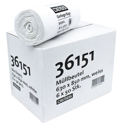 In a white box labeled "36151" from the company EMIL DEISS KG (GmbH + Co.), there are DEISS LDPE garbage bags with dimensions 630 x 850 mm. The packaging consists of six rolls, each with 50 garbage bags and a capacity of 80 liters. One roll is on top of the box and bears the model number "Art. 36151" and indicates the recycled LDPE material.