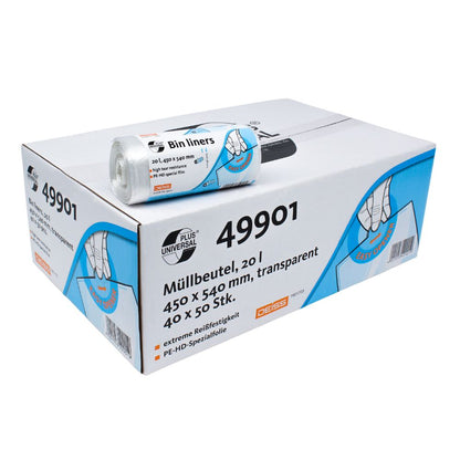 A box labeled "DEISS Universal Plus® Trash Bags 20 Liters, 49901" contains a roll of transparent trash bags. These durable 20-liter bags measure 450 x 540 mm and are made from HDPE special film. The packaging highlights the DEISS Universal Plus features in multiple languages and was manufactured by EMIL DEISS KG (GmbH + Co.).