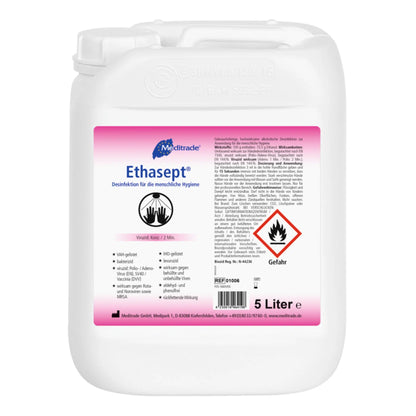 A 5-liter canister made of white plastic with Meditrade Ethasept® hand disinfectant with labels in German. Features include red warning symbols for flammability and health hazards as well as
