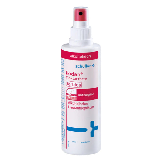 A bottle of Schülke kodan® tincture forte skin antiseptic, colorless antiseptic spray from Schülke & Mayr GmbH with a red spray nozzle. The label is in white, pink, and blue and shows a German text about