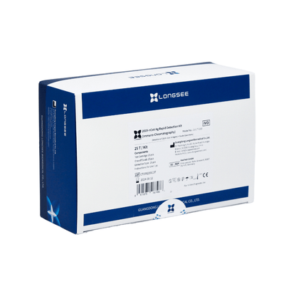 A box of Longsee 2019-nCoV Ag rapid test 25 pieces, CE-certified. The box is mainly white with blue text and includes the brand logo and information including certifications.