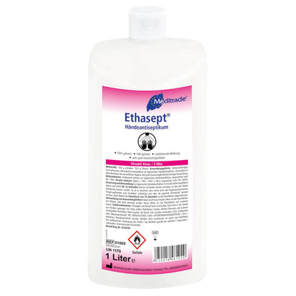 A white bottle of Meditrade Ethasept® hand disinfectant from Meditrade GmbH with a pink label containing product details in German. The bottle has a capacity of [specified amount].