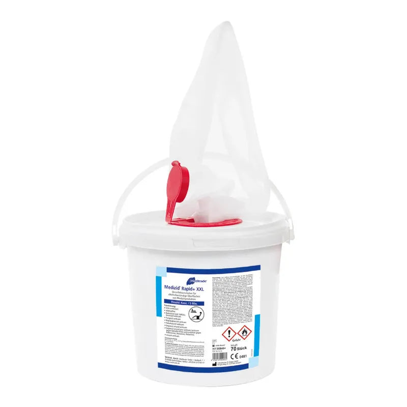 A white plastic bucket with a lid and red spout opening, labeled "Meditrade Medizid® Rapid+ disinfectant wipes" with various safety and product information on the label. The bucket handle is also visible.