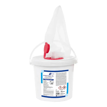 A white plastic bucket with a lid and red spout opening, labeled "Meditrade Medizid® Rapid+ disinfectant wipes" with various safety and product information on the label. The bucket handle is also visible.
