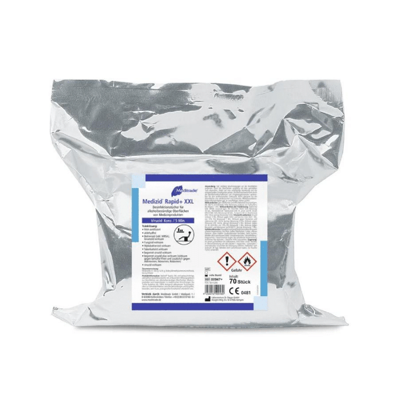 A sealed metallic plastic pouch labeled "Meditrade Medizid® Rapid+ disinfectant wipes" with 750 grams of disinfectant wipes, printed details and safety symbols, predominantly in blue and white.