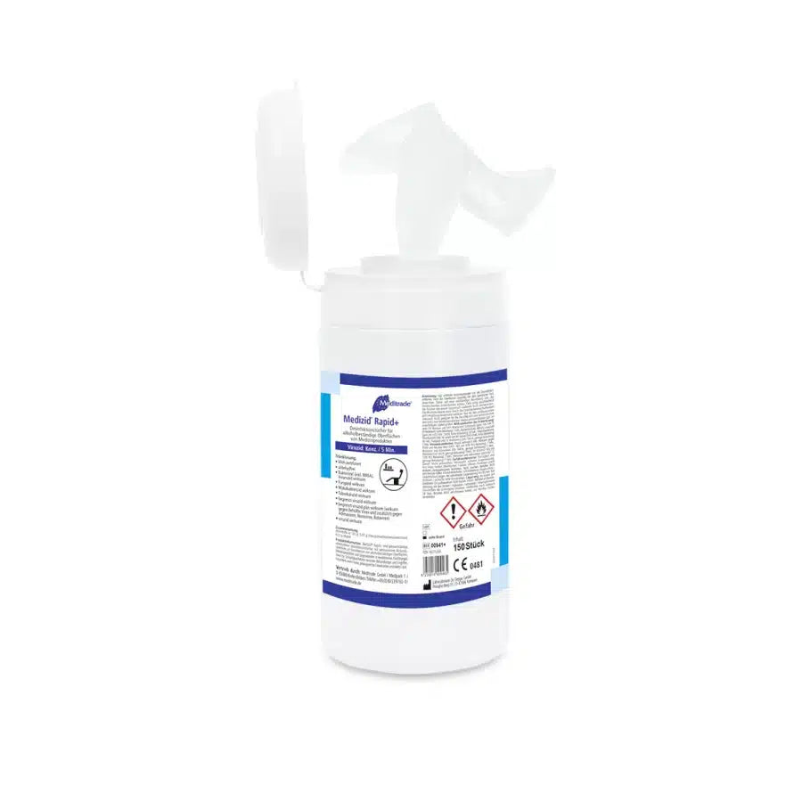 A container with Meditrade Medizid® Rapid+ disinfectant wipes from Meditrade GmbH with an open lid, showing a single, partially pulled-out wipe isolated on a white background.