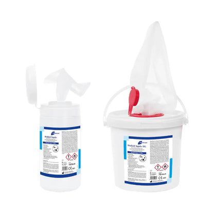 Two containers with Medizid® Rapid+ disinfectant wipes from Meditrade GmbH; one closed with a lid and nozzles, the other open with the disinfectant wipes on a white background.