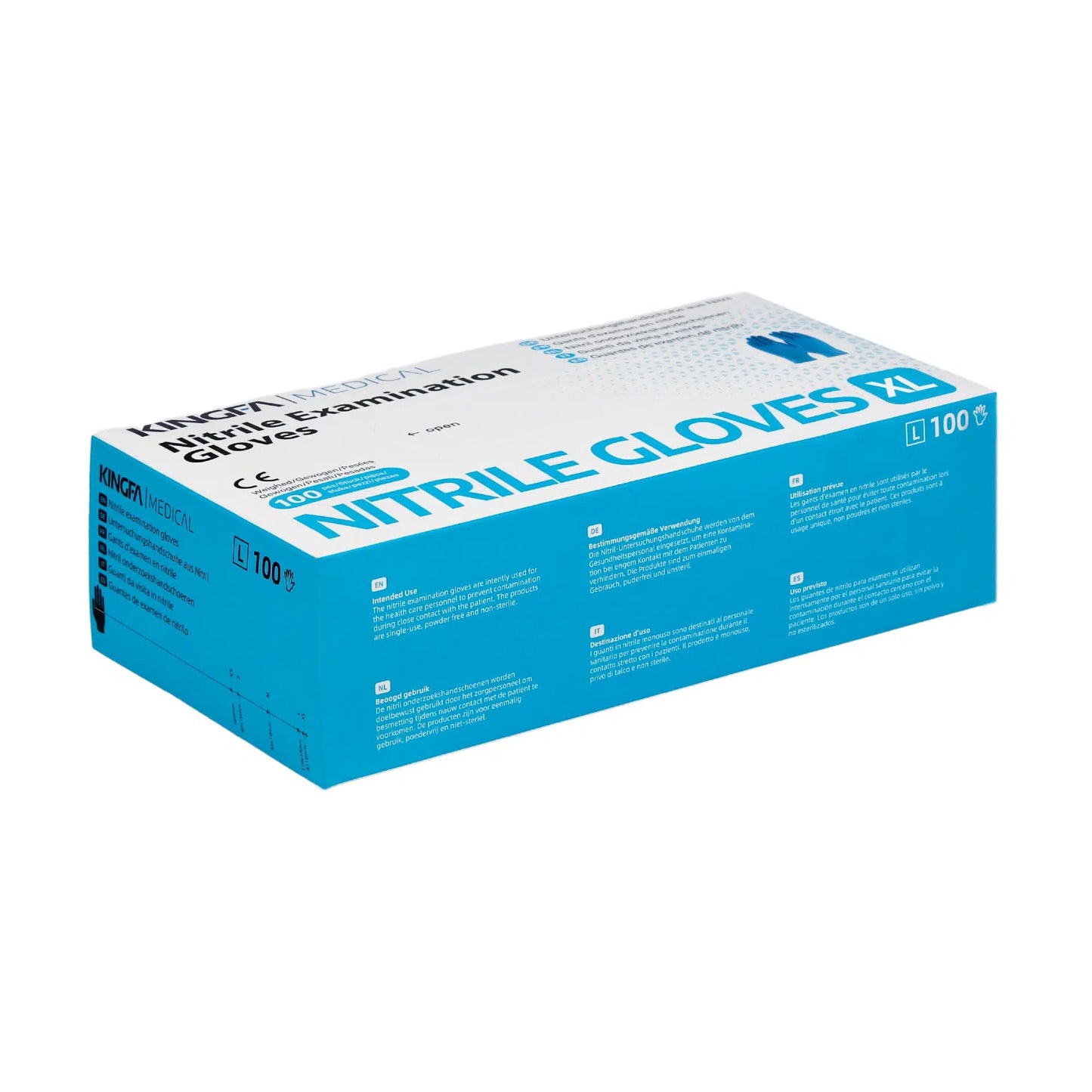 A box of Kingfa nitrile disposable gloves, powder-free, blue, 100 pieces, on a white background. The box is mainly blue with white and black.