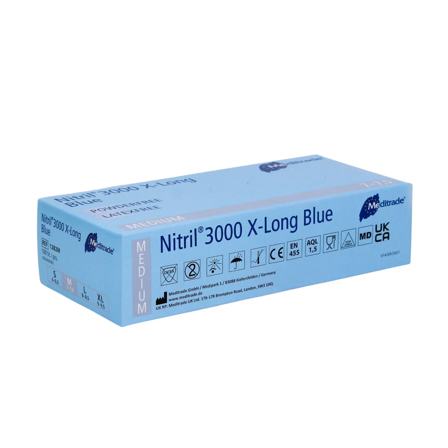 A box of Meditrade Nitril® 3000 X-Long 100 pcs. nitrile gloves extra long, blue in size Medium, with blue packaging featuring product details and certifications. These nitrile gloves offer protection by Meditrade GmbH.