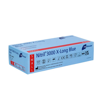 A box of Meditrade Nitril® 3000 X-Long 100 pcs. nitrile gloves extra long, blue, small on a white background, with safety certificates and product details from Meditrade GmbH.