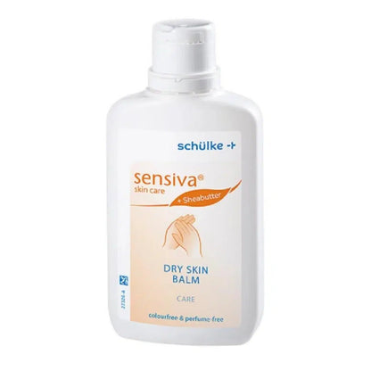 A bottle of Schülke sensiva® dry skin balm with shea butter from Schülke & Mayr GmbH. The label states that it is fragrance-free and without dyes.