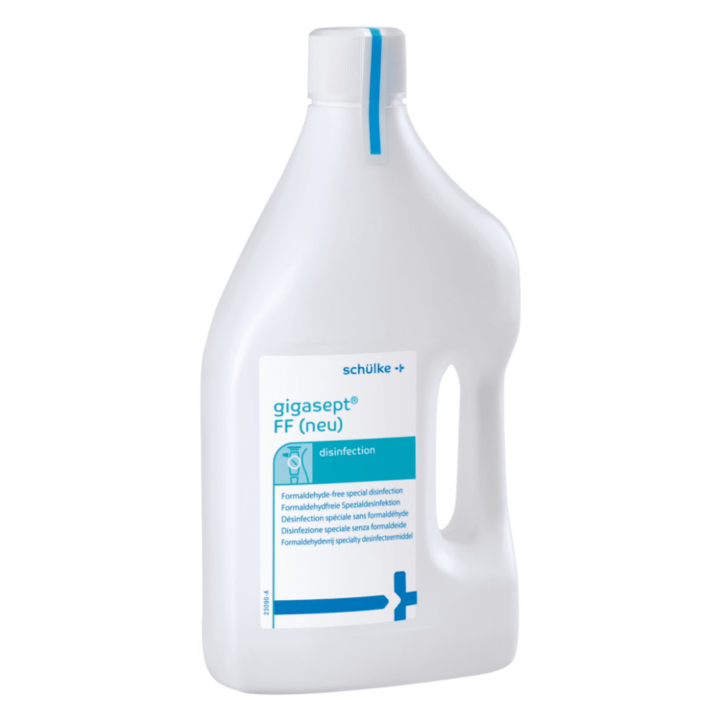 A bottle of Schülke gigasept® instru FF instrument disinfectant from Schülke & Mayr GmbH in a white container with a blue cap and label with product information and application possibilities.
